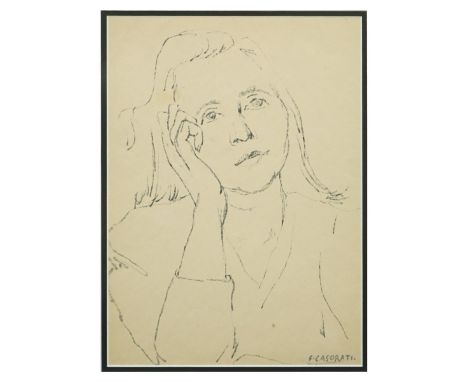 Attributed to: Felice Casorati, Italy (1883-1963) Ink prepatory sketch "Portrait Of A Woman". Signed lower right. Measures 13