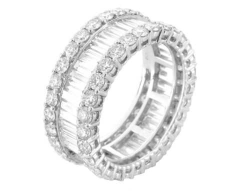 Approx. 6.50 Carat TW Emerald and Round Brilliant Cut Diamond and 18 Karat White Gold Eternity Band. Diamonds G-H color, VS c