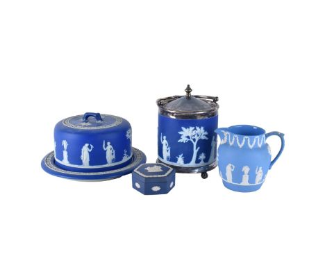 Four (4) Wedgwood Jasperware Tableware. Includes: cheese plate with cover 5-1/2" x 9-1/2", ice bucket 7-7/8" x 5-5/8", pitche