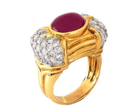 Bulgari style Italian Approx. 3.50 Carat Cabochon Burma Ruby, 2.10 Carat Pave Set Round Brilliant Cut Diamond and 18 Karat Ye