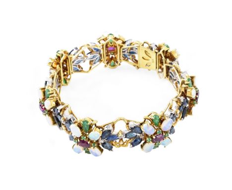 Vintage Approx. 25.0 Carat TW Sapphire, Ruby, Emerald, Opal and 18 Karat Yellow Gold Bracelet. Fine quality gemstones through