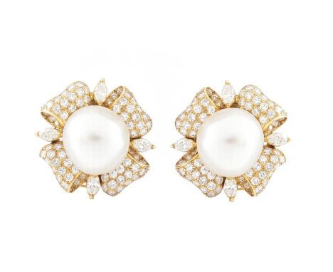 16.0mm South Sea Pearl, 5.50 Carat TW Round Brilliant and Marquise Cut Diamond and 18 Karat Yellow Gold Earrings. Diamonds H 