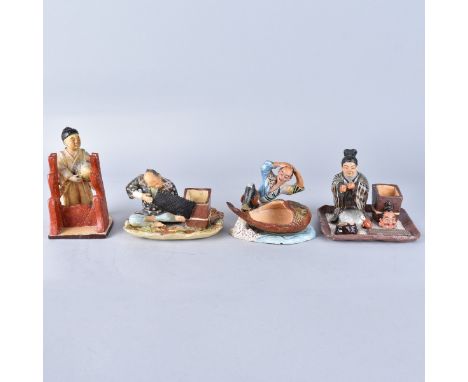 Four (4) Vintage Japanese Painted Pottery Figures Depicting Workmen and Artisans. Signed. Tallest measures 5-3/4" H. Conditio