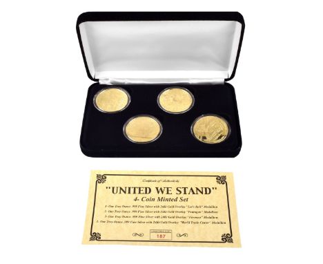 Four (4) Piece "United We Stand" .999 Silver Coin Minted Set With 24K Gold Overlay In Case. Includes: Let's Roll, Pentagon, F