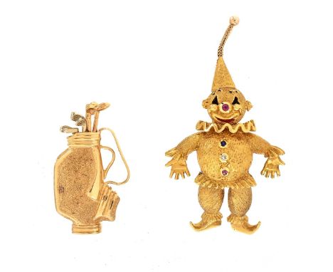 Vintage 18 Karat Yellow Gold Articulated Clown Brooch and 14 Karat Yellow Gold Golf Bag Brooch. Stamped 18K, 14K. Clown measu