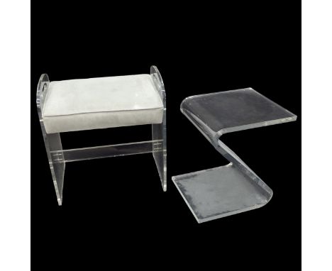Two (2) Piece Lot: Mid Century Lucite Stand and Lucite Upholstered Bench. Stand measures 16-1/4" x 13" x 12", bench measures 