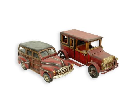 Two (2) Large Vintage Polychrome Wood Model Car with Rubber Wheels. Largest measures 10-1/2" H x 21" L, smallest measures 7-1
