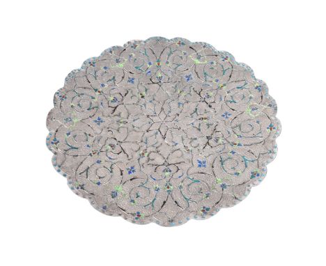 Vintage hammered and enameled silver dish, possibly Indian. Unsigned. Measures 9" Dia and weighs approx. 10.50 troy ounces. C