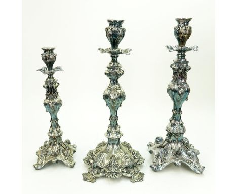 Three (3) Vintage Silver Plate Candle Holders. Tallest measures 17-3/4" H, smallest measures 14-3/8" H. Condition: Good condi