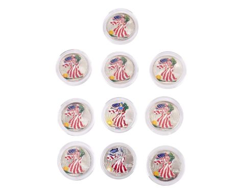Collection of Ten (10) Colorized Walking Liberty Silver Eagle Coins. 9 are dated 2000, 1 is dated 1999. In plastic cases. Tot