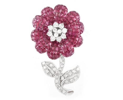Van Cleef &amp; Arpels style Approx. 8.0 Carat Invisible Set Ruby, 1.0 Carat Round Brilliant Cut Diamond and 18 Karat White G