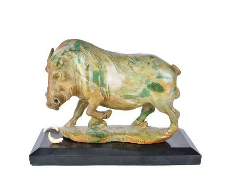 James Tandi, African (20/21st century) Carved Verdite Stone and Ivory Wild Boar Sculpture on Marble Base, Signed Lower. Sculp