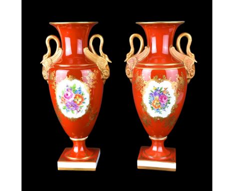 Pair vintage Dresden hand painted porcelain bolted urns with swan handles. Signed. Measures 13-1/2" H. Condition: Good condit