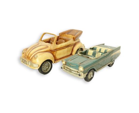 Two (2) Large Vintage Polychrome Composition Cars with Rubber Wheels. Includes: drop top 1957 Chevy Bel Air 8-3/8" x 24" and 