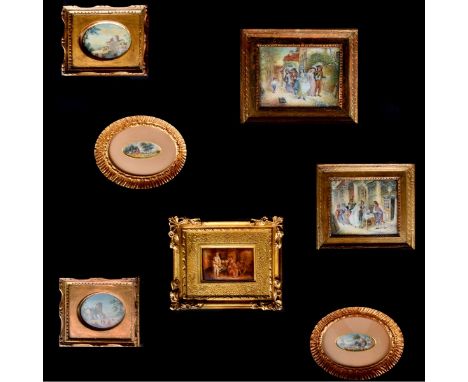 Collection of seven (7) vintage miniature paintings in Italian gilt wood frames. Various artists, subjects and media. Some wi