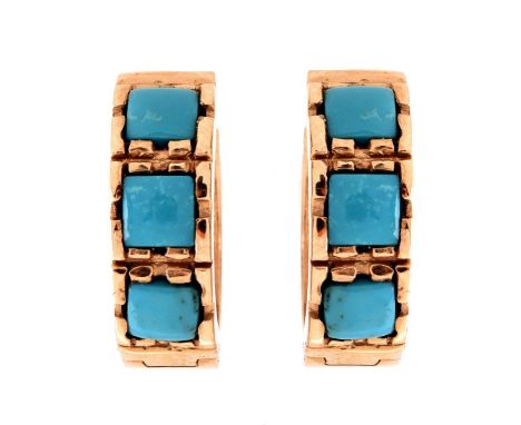 Vintage Turquoise and 14 Karat Pink Gold Earrings. Stamped 14K. Measure 1/4" W, 3/4" diameter. Approx. weight: 7.5 grams. Con