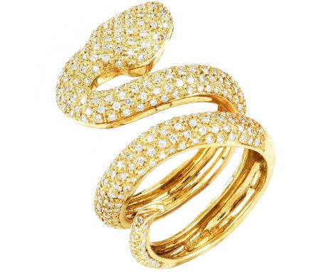 Approx. 3.0 Carat TW Pave Set Round Cut Diamond and 18 Karat Yellow Gold Snake Ring. Diamonds G color, VS clarity. Stamped 75