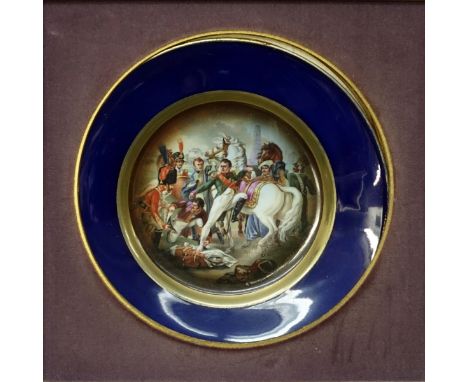 Vintage Carlsbad Porcelain Cabinet Plate in Period Frame. Decorated with a scene of Napoléon blessé devant Ratisbonne. Plate 