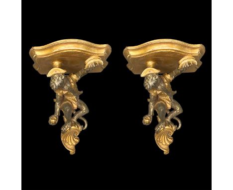 Pair of Vintage Italian Gilt Wood Monkey Brackets. Stamped Made In Italy. Measures 16-1/2" H x 14-1/4" W x 10" D. Condition: 