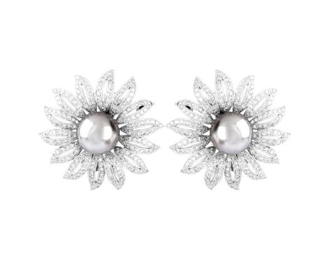 12.0mm South Sea Gray Pearl, 4.0 Carat Pave Set Diamond and 18 Karat White Gold Convertible Earrings / Brooches. Pearls with 