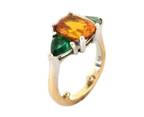 Vintage Oval Cut Citrine, Tsavorite Garnet and 18 Karat White Gold Ring. Citrine measures 10mm x 8mm, with vivid color. Stamp