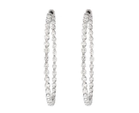 Approx. 6.0 Carat TW Round Brilliant Cut Diamond and 14 Karat White Gold In and Out Hoop Earrings. Diamonds F color, VS clari