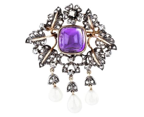 Antique Approx. 10.0 Carat Cabochon Amethyst, Diamond, Pearl, 14 Karat Yellow Gold and Silver Pendant / Brooch. Unsigned. Mea
