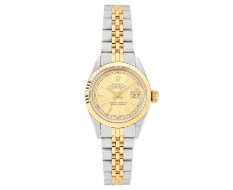 Lady's Rolex Date Just Watch in gold tone and silver tone stainless steel. Signed. Dial measures 24mm, bracelet , interior di
