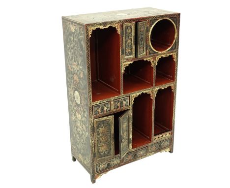 Mid Century Chinese Black Lacquer Painted Etagere. two compartments with double ad 3 drawers lower. Measures 27-1/2" H x 18-1
