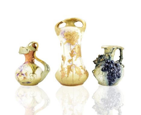 Three (3) Amphora Turn Teplitz Art Nouveau Porcelain Tableware. Includes: two pitchers and two handle vase. Each is signed an