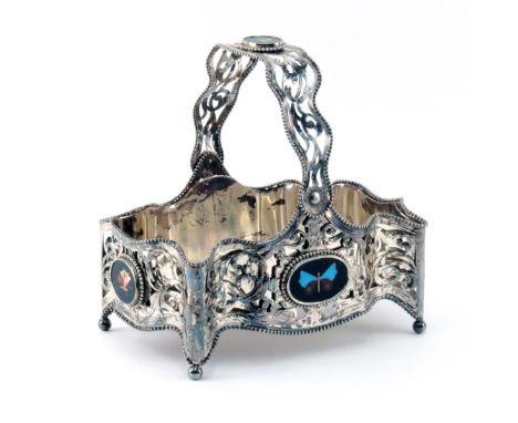 Antique Continental Silver Plate Basket With Pietra Dura Plaques. Unsigned. Measures 10-1/2" H x 10-1/2" L Condition: Wear to