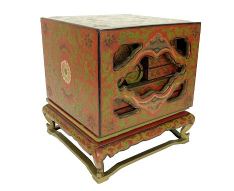 Vintage Japanese Lacquer Stacking Boxes. A series of boxes and trays stacked on a stand with cover. Unsigned. Measures 11-3/4