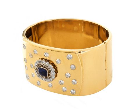 Vintage Approx. 4.5-5.0 Carat TW Round Cut Diamond, Antique Oval Cut Sapphire and 14 Karat Yellow Gold Hinged Wide Cuff Bangl