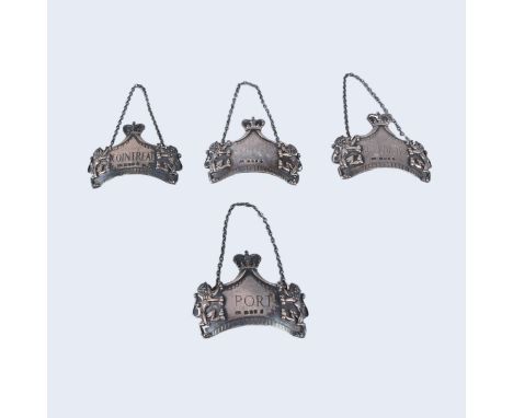 Four (4) Vintage English Silver Liquor Bottle Tags. Signed with London hallmarks, dated 1953, maker LGD. Measures 2-1/2" W. W