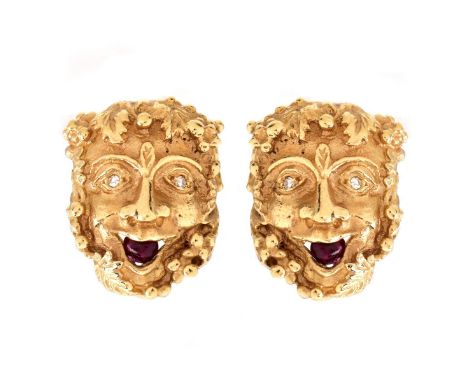 Vintage 14 Karat Yellow Gold, Small Diamond and Cabochon Ruby Earrings. Unsigned. Measure 3/4" H, 5/8" W. Approx. weight: 12.