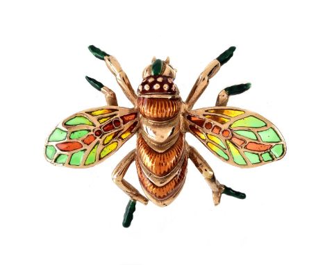 Vintage 14 Karat Yellow Gold and Plique a Jour Fly Brooch. Stamped 14K. Measures 1-1/2" x 2-1/8". Approx. weight: 21.0 grams.
