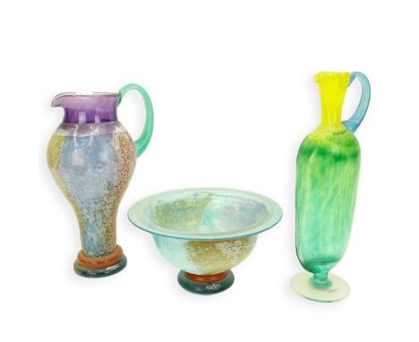 Three (3) Kosta Boda Art Glass Tableware by Kjell Engman. Includes: 2 pitchers and compote. Signed and original sticker attac