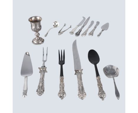Fifteen (15) Sterling Handled and solid sterling serving pieces. Various makers. Signed. Kiddush cup weighs approx. 3.37 troy