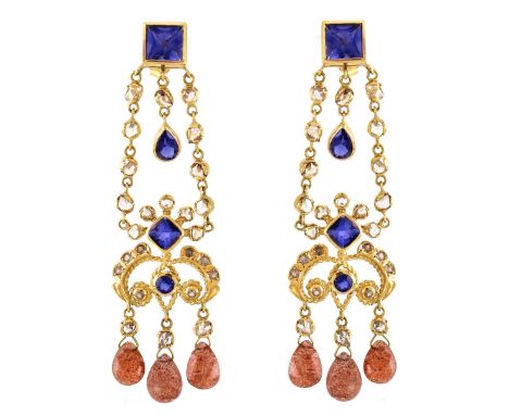 Vintage Multi Gemstone and 18 Karat Yellow Gold Chandelier Earrings. Stamped 18K. Measure 3" L, 1" W. Approx. weight: 28.0 gr