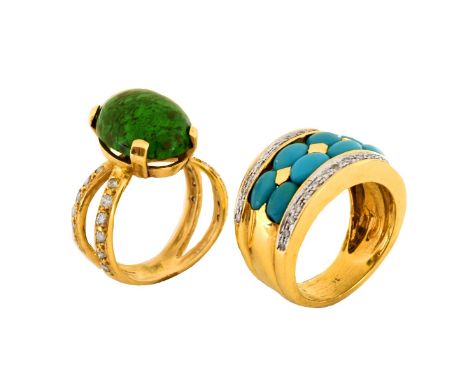 Vintage Turquoise, Diamond and 14 Karat yellow Gold Ring and Vintage Oval Cabochon Malachite, Diamond and 14 Karat Yellow Gol