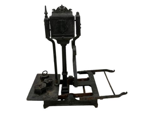 Victorian cast and wrought iron set of sack scales, shield and scrolled decoration, with three associated weightsDimensions: 