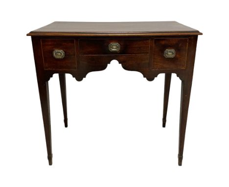 George III mahogany low-boy, rectangular moulded top over three drawers, each with boxwood stringing and pressed brass handle