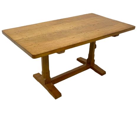 Rabbitman - oak dining table, pegged rectangular adzed top on octagonal supports carved with rabbit signature, sledge feet un