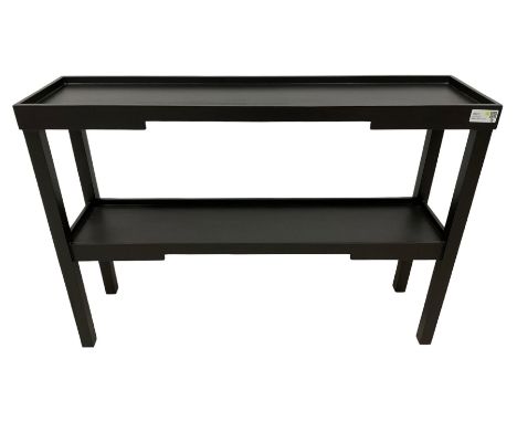 Contemporary ebonised two-tier console table, rectangular tray top with stepped frieze, on square supportsDimensions: Height:
