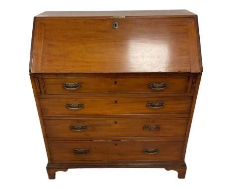 19th century mahogany bureau, fall-front enclosing fitted interior over four cock-beaded drawers, on bracket feetDimensions: 
