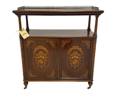Edwardian inlaid mahogany buffet side cabinet, moulded rectangular top with pierced brass gallery and satinwood banding on tu
