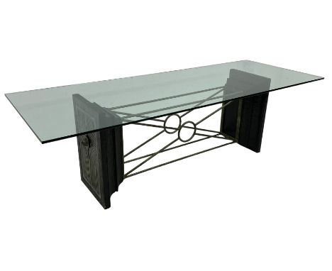 Tempus Stet - 'The Corinth Architectural' dining table, rectangular glass top on moulded composite end supports inset with br