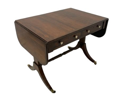 Regency period rosewood sofa table, rectangular drop-leaf top with rounded corners and amboyna crossbanding, fitted with two 