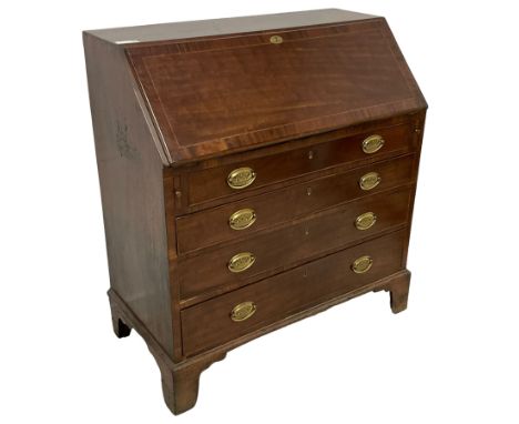 George III mahogany bureau, crossbanded fall-front enclosing fitted interior with pigeonholes and correspondence drawers, ove