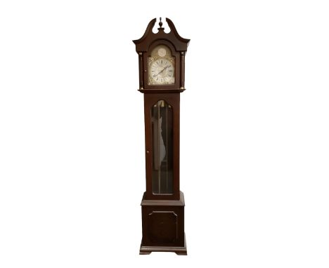 20th century - 8-day Mahogany longcase clock, with a swans necked pediment and break arch hood door beneath,  glazed door wit